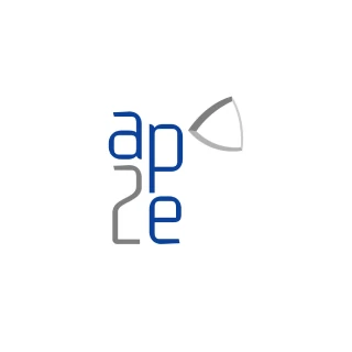 a logo with a blue and gray text